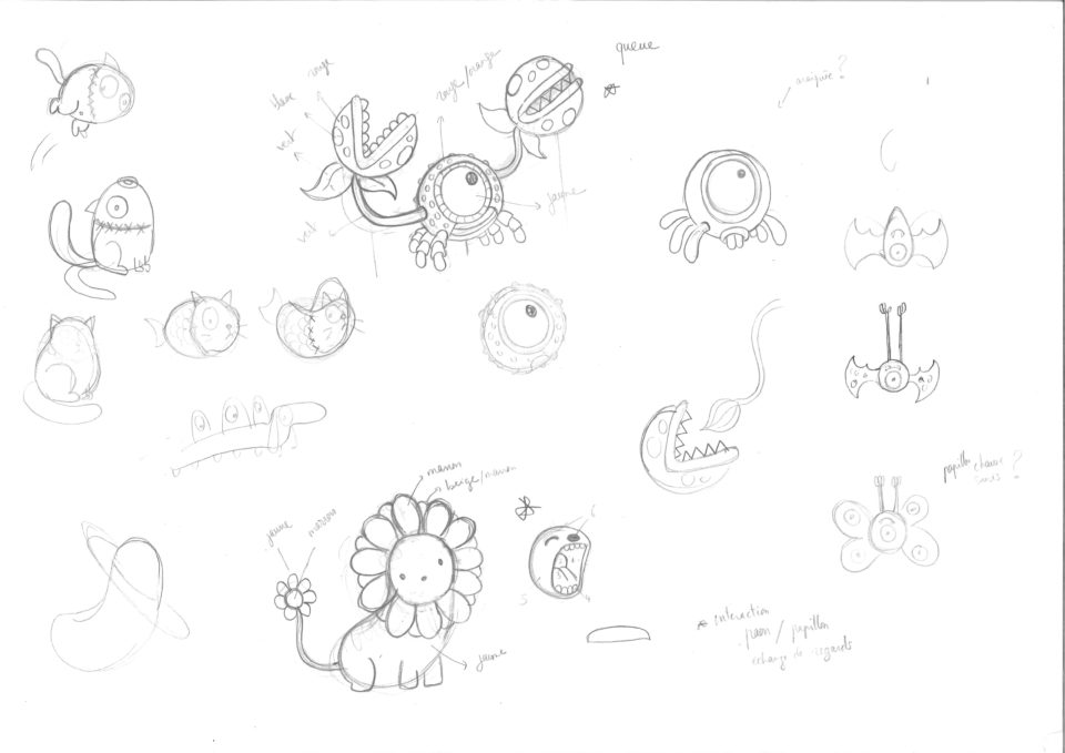 Esquisses de Tournelion, de Chauve-souris diurne, de Veuve rose, de Piranhaccordéon