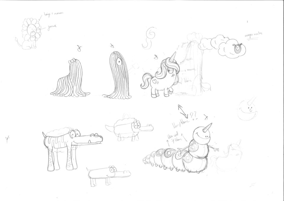 Esquisses de Chipiecorne, de Tournelion, de Moutonnuage...