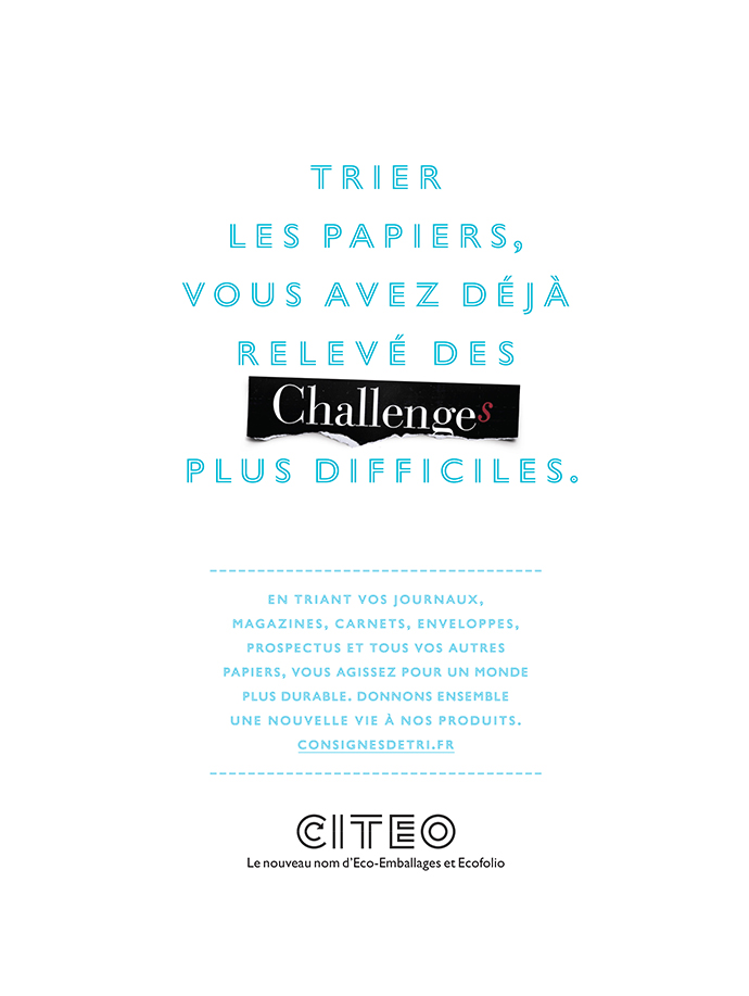 Campagne Citeo sur le tri du papier, visuel Challenges
